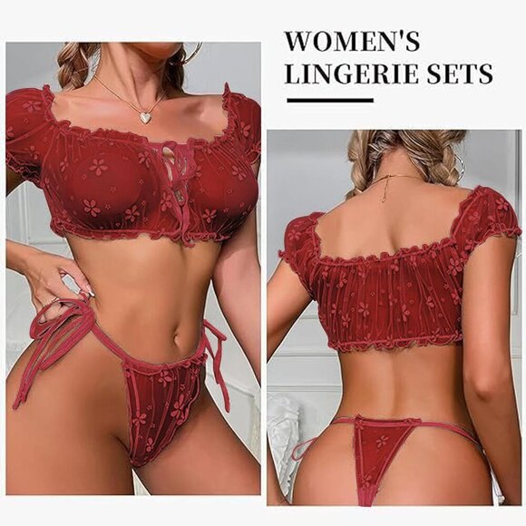 Women's Red Through Two Ways Wear Lingerie Sets Tulle Tie Top Thong Underwear - Picture 2 of 7